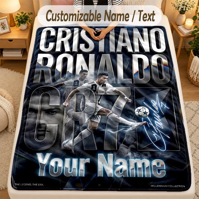 Flannel BlanketCristiano Ronaldo Custom Name Text Personalized Soft Warm Throw Blanket Home Decor Gift