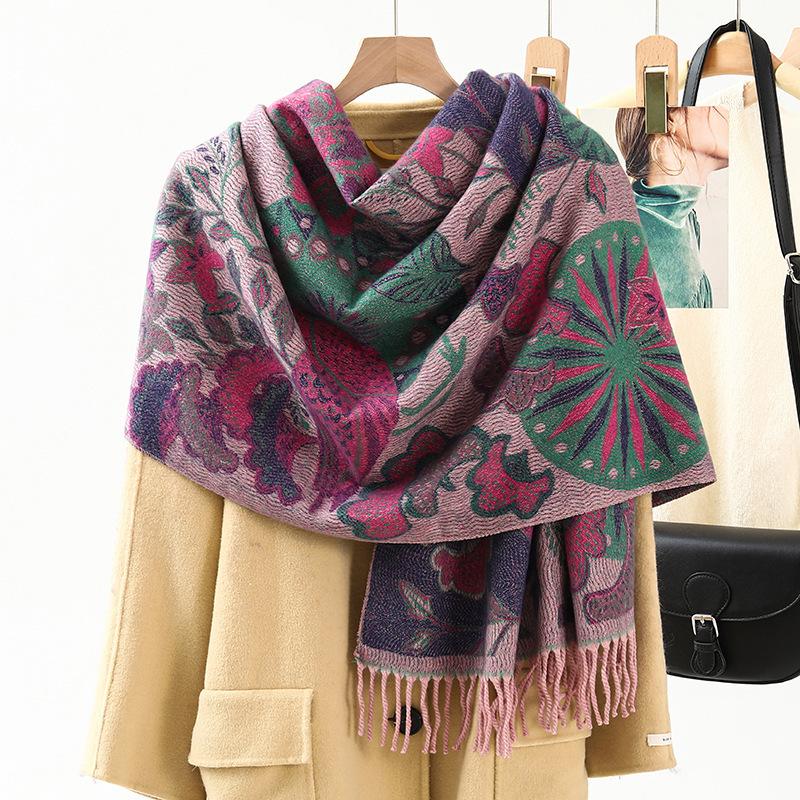 Jacquard Scarf Shawl with Decorative Imitation Cashmere Scarf for Women Winter High End New Style Thickened Ethnic Style Shawl