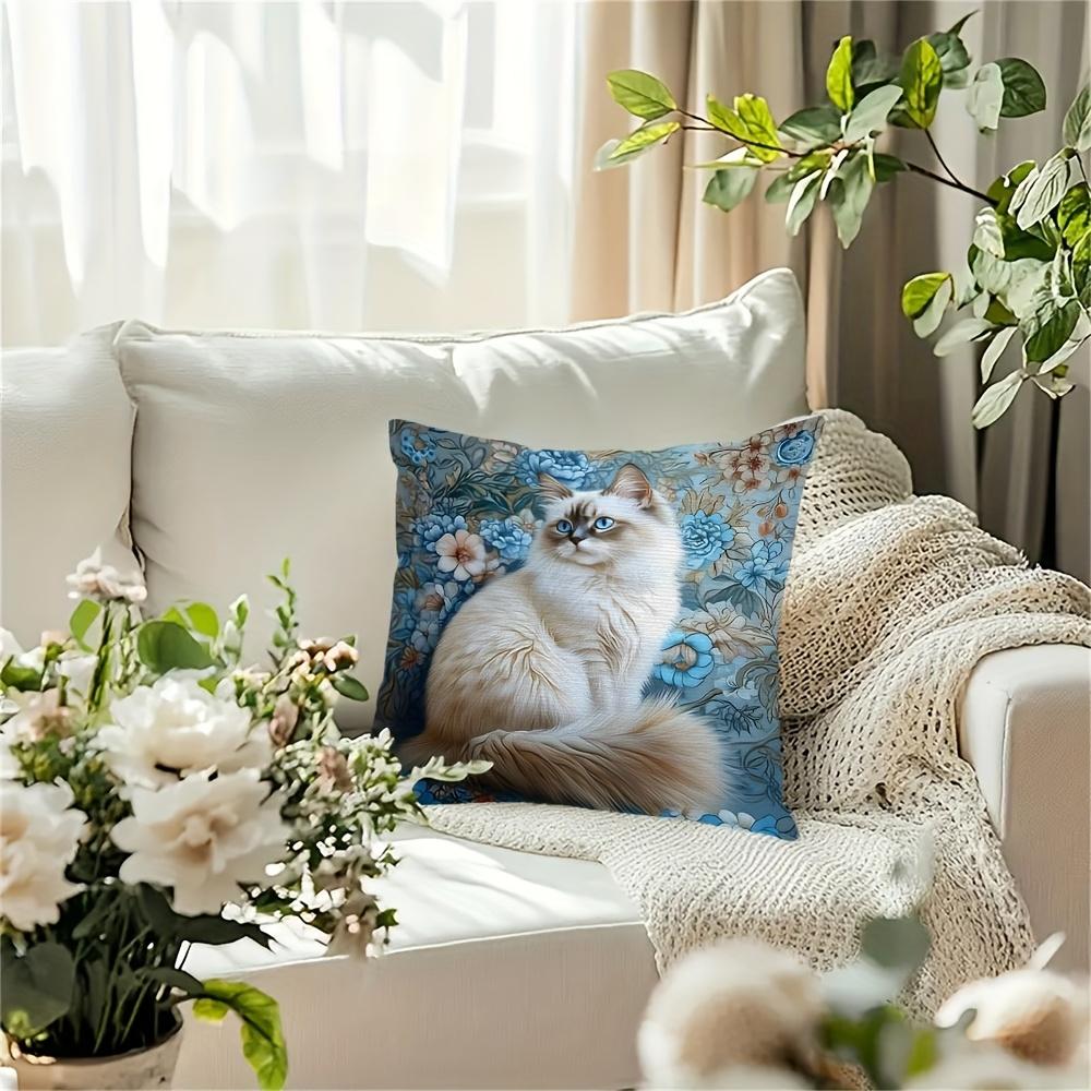 Ragdoll Cat Floral Throw Pillow Cover Blue Vintage Botanical Decorative Pillow Case For Cat Lovers