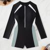 2026 European Slimming Color Block Long Sleeve Sun Protection One-Piece Swimsuit for Women