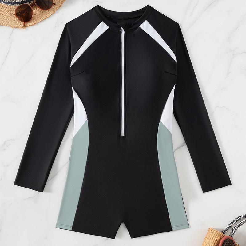 2026 European Slimming Color Block Long Sleeve Sun Protection One-Piece Swimsuit for Women