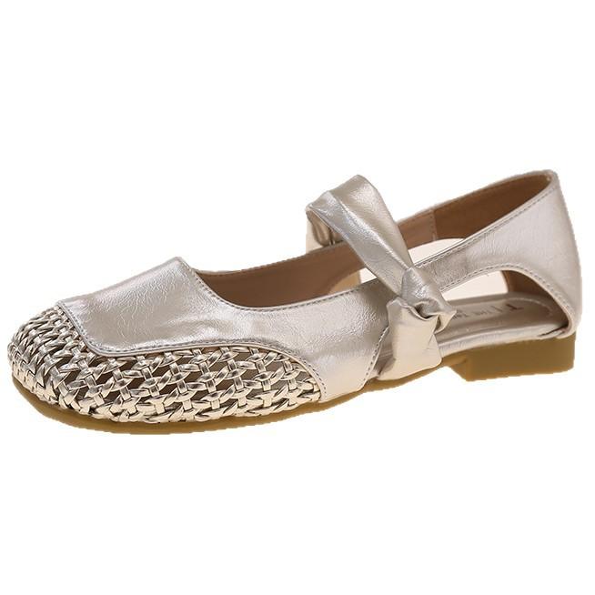With skirt woven hollow breathable square head thick heel bag head single shoes women's summer retro flat Mary Jane shoes
