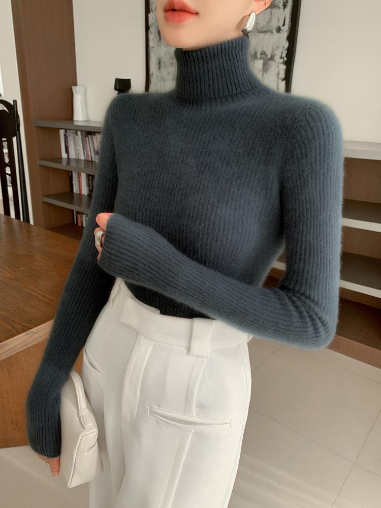 Women's Seamless Cashmere High-Neck Ribbed Sweater, Slim Fit, Body-Shaping, Slouchy Neck, Knit.