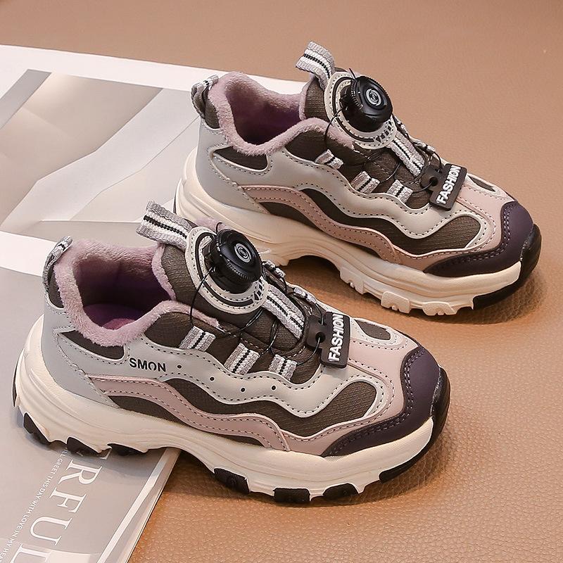 

Warm shoes, velvet men s and girls rotating button sneakers 2025 Korean version autumn new boys soft-soled student version 26