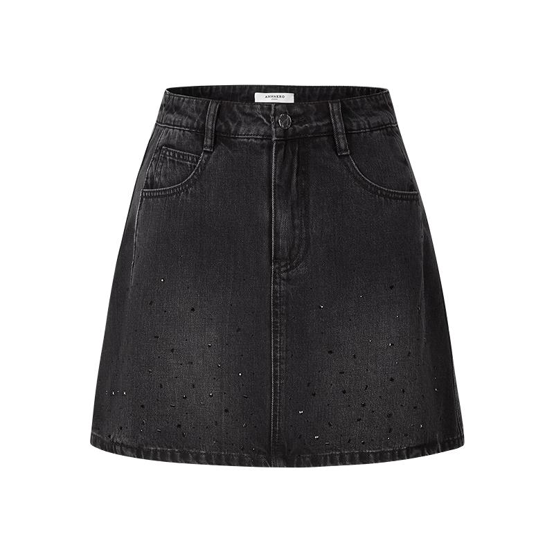 Jiuzi Annakou Women s Summer Rhinestone Denim Mini Skirt L