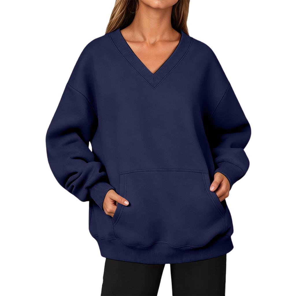 Women’s V Neck Long Pullover Sweatshirt with Pocket Loose Fit Casual Long Sleeve Top for Autumn and Winter