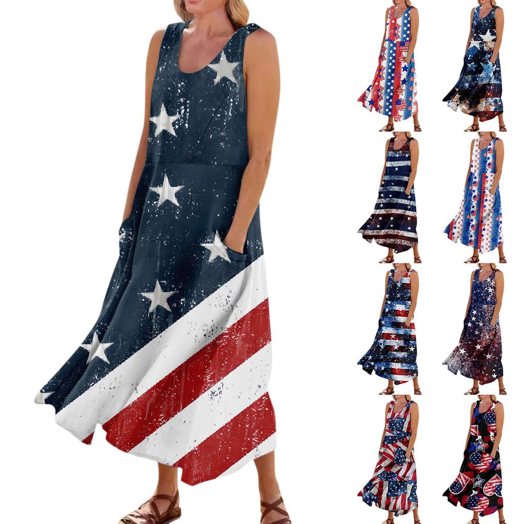 Women's Fashion Casual Independence Day Print Sleeveless Cotton Linen Pocket Dress