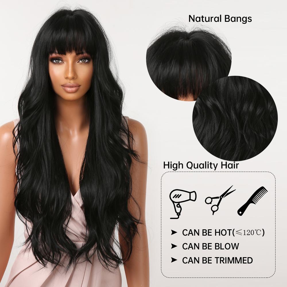 Long Wave Synthetic Wigs With Black Bangs Body Wavy Natural Black Hair Wig Heat Resistant for Women Daily Halloween Cosplay Use