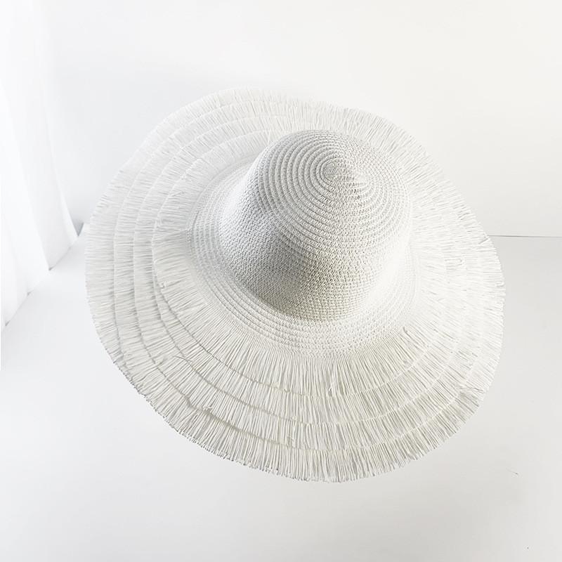 

Fashionable Elegant Fringed Sunshade Straw Hat Women s Beach Vacation Hat білий