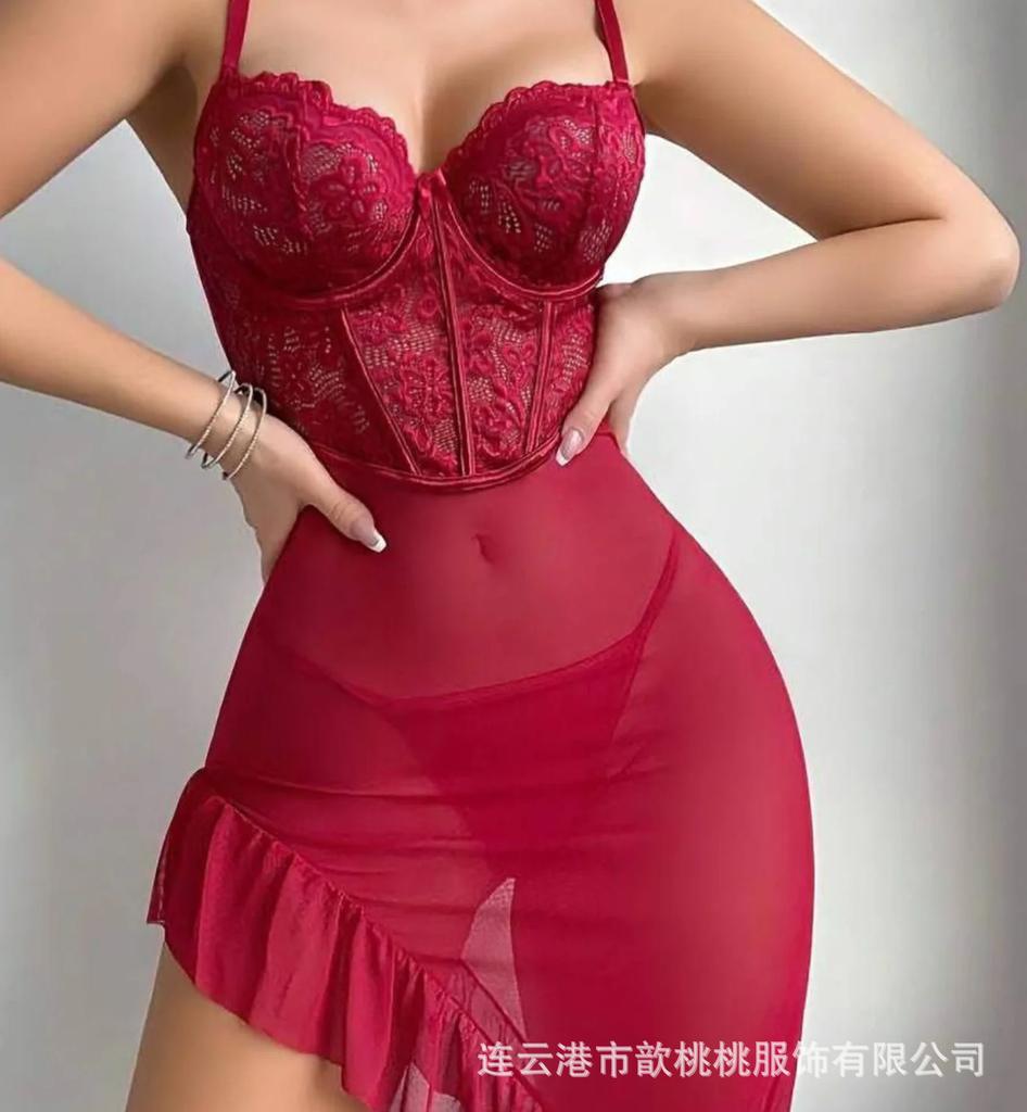 European and American Large-size Sex Underwear, Sexy Lace Steel Ring Suspender Nightdress, Perspective Mesh Pajamas