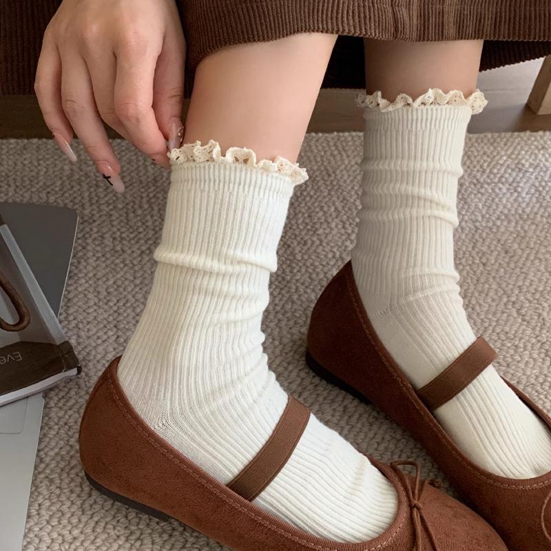 

Lace Ballet Style Thigh-high Socks, Retro Pile Socks, Solid-color Cotton Socks for Spring and Autumn 1 pair