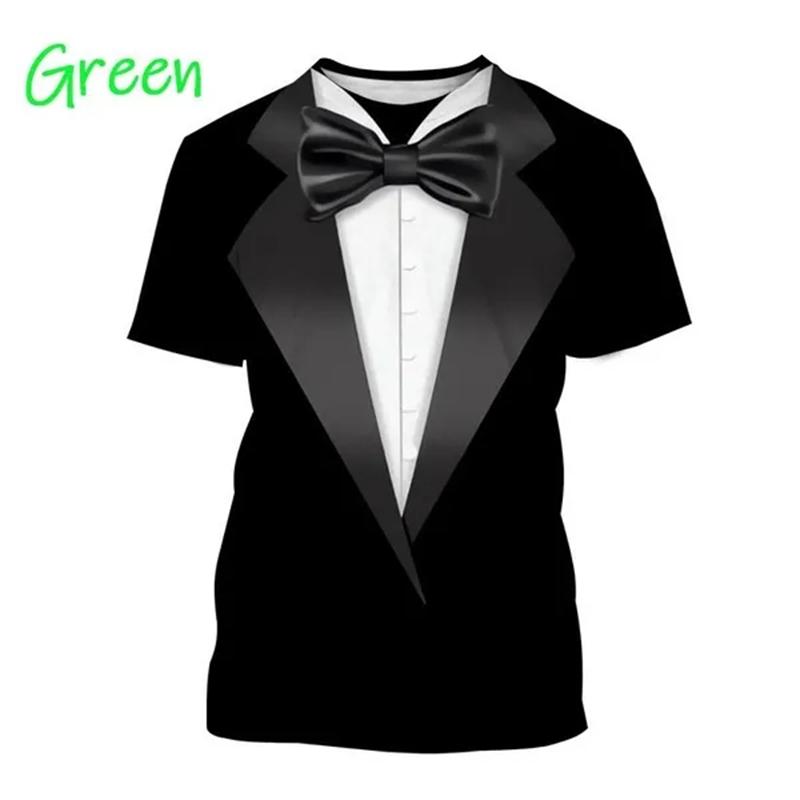 Summer Round Neck 3D Tuxedo Retro Tie Printed Top Fake Suit Tops Fashionable Casual Short Sleeved Men's T-shirts