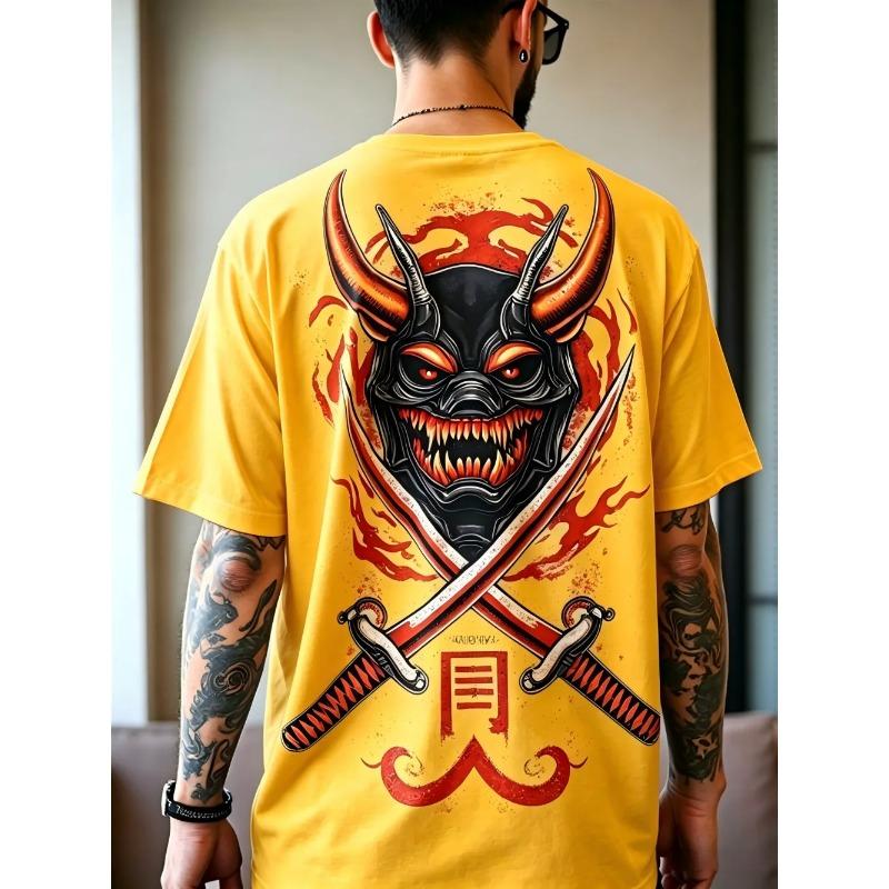 American men's summer ghost mask samurai sword print comfortable and breathable round neck T-shirt outdoor street top