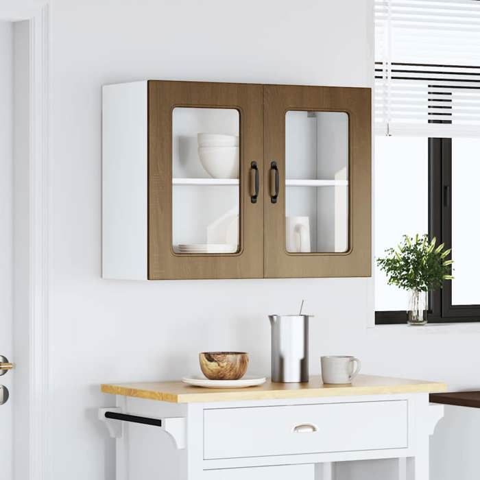 VidaXL Kitchen Wall Cabinet and Glass Door Kalmar Brown Oak, Kitchen Wall Unit, Wall Cabinets with 853614