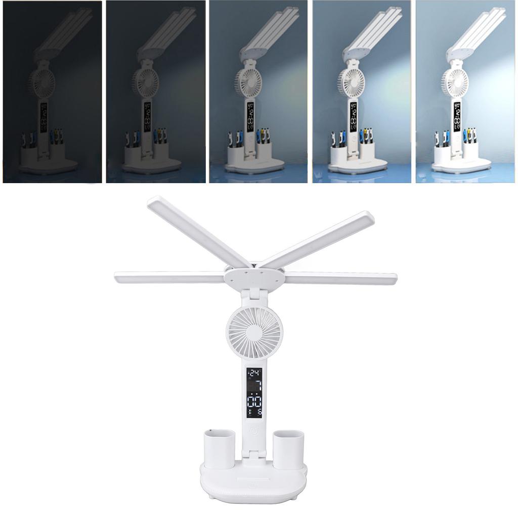 LED Desk Light with Fan Bright 4 Headed Touch Control Adjustable Foldable Table Lamp with Clock Date