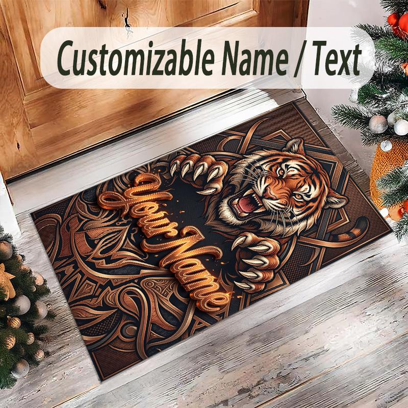 Lion Tiger Theme Crystal Velvet Rug Personalized Custom Name Text Soft Floor Mat Home Decor