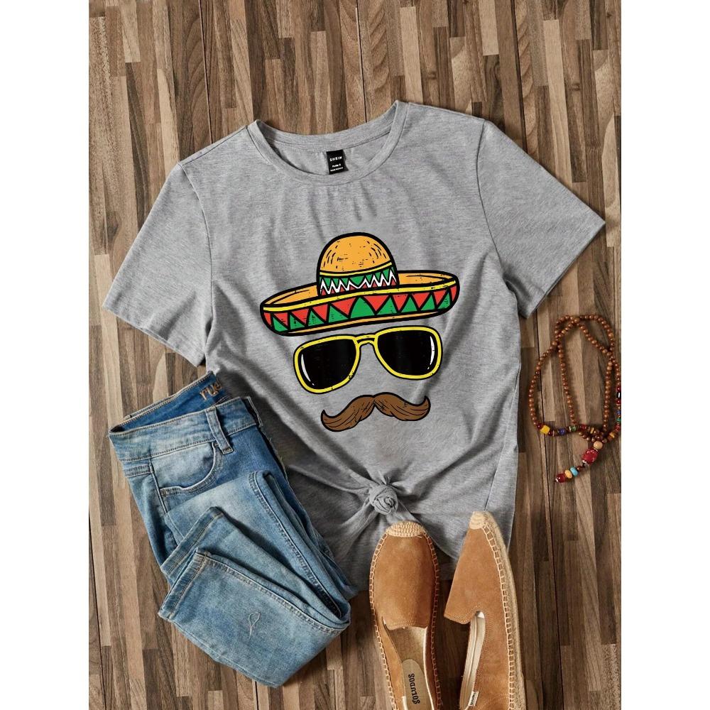 Sombrero Face Cinco De Mayo Women T Shirt Summer Fashion Short Sleeved T-shirt Tee Tops Printed T-shirt