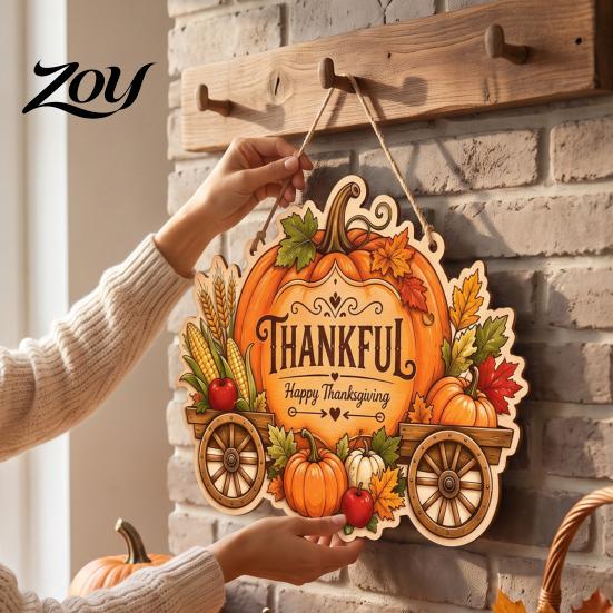 Gift for Friends Family Thanksgiving Front Door Hanging Sign, Pumpkin Turkey Pattern Hanger, Autumn Farmhouse Style Porch Decor Harvest Wall Ornament