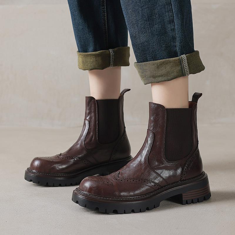 Fashion 2024 New Genuine Leather Winter Women Boots Brogues Platform Motorcycle Boots Ankle Boots Retro Sheepskin Slip-on Ladies Shoes