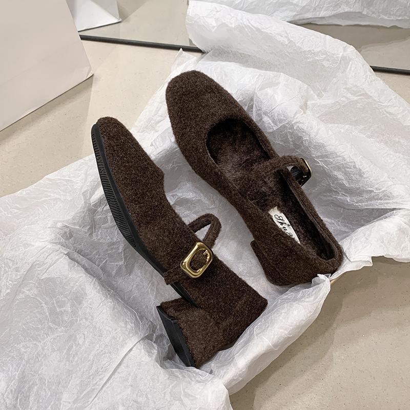 Designer Square Toe Woman Mary Jane Shoes Elegant Thick Heel Dress Shoes Outdoor Comfortable Fleece Lined Ladies Pumps Shoes