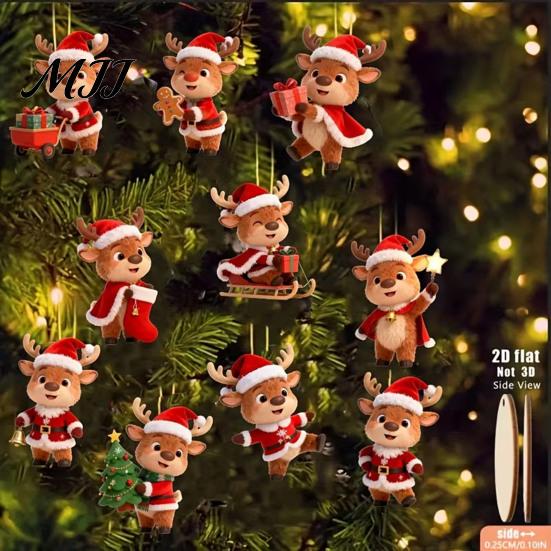 Xmas Holiday Party Supplies Christmas Elk Ornaments, 2D Flat Wooden Cute Reindeer Hanging Decoration, Cartoon Wood Deer Decorations Pendants with Hat