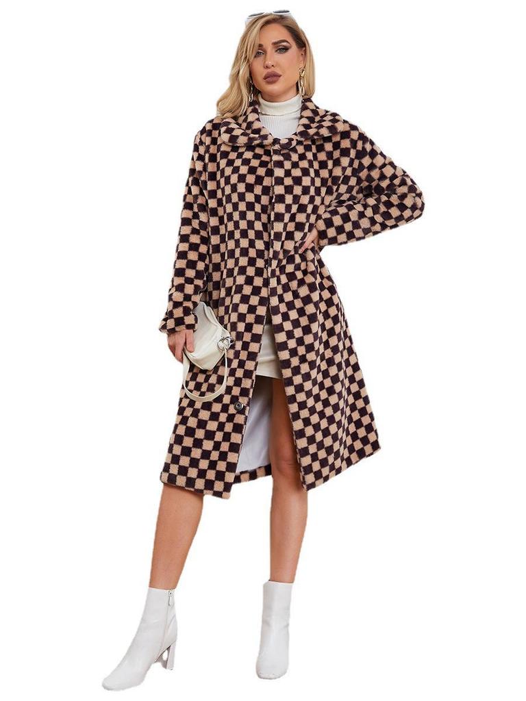 2022 New Women's Mid-Length Plaid Faux Fur Coat