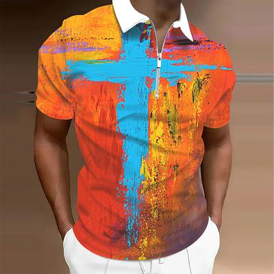 Camisa Polo Casual Masculina com Zíper Manga Curta Moda Casual Zíper Verão Primavera Ajuste Regular Estampa 3D