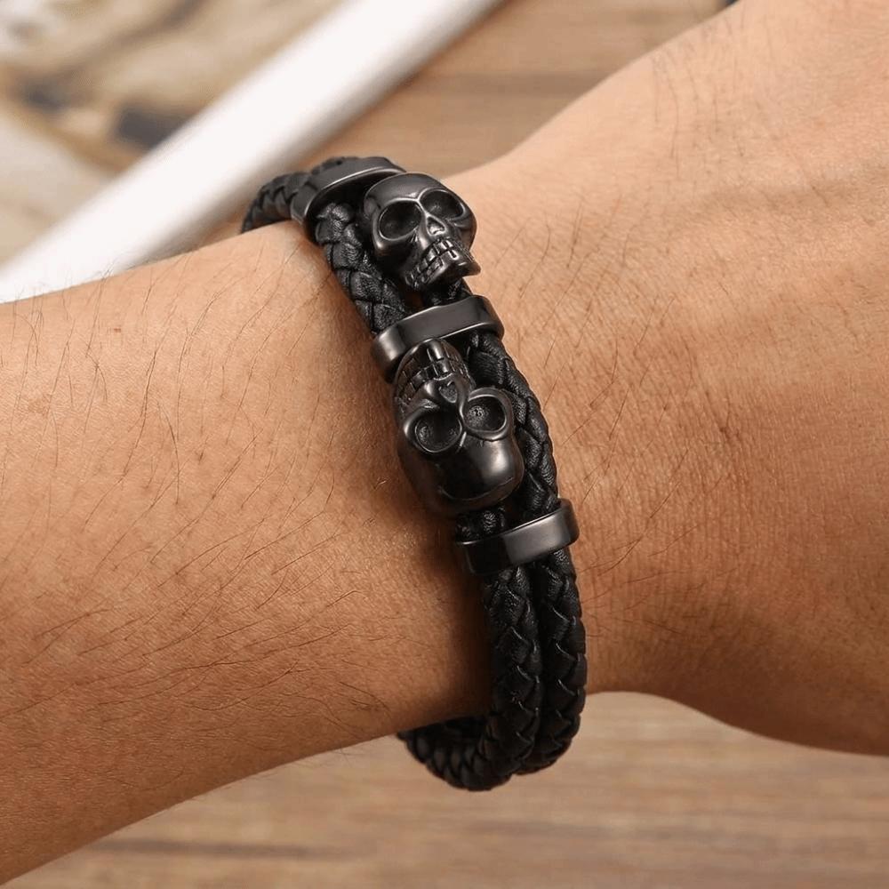 Punk Style Leather Braided Bracelets Unique Magnetic Hand Chain Gothic Skull Wristband Anniversary