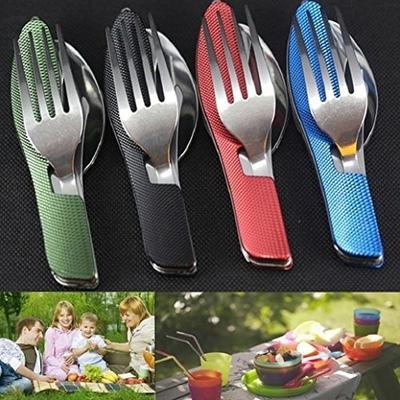 Stainless Steel 4 In 1 Portable Outdoor Pocket Knife Fork Spoon Diner Set Multi-function Tableware F