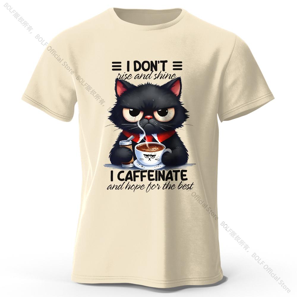 Coffee Loving Cat Print 100% Cotton T-Shirt, Soft & Breathable Round Neck Short Sleeve Tee, Unisex Fun & Quirky Style