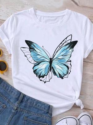 (Rozmiar azjatycki) Casualowy kreskówkowy motyl uroczy t-shirt z okrągłym dekoltem odzież top z krótkim rękawem t-shirt modny nadruk damski damski kobiety graficzne t-shirty