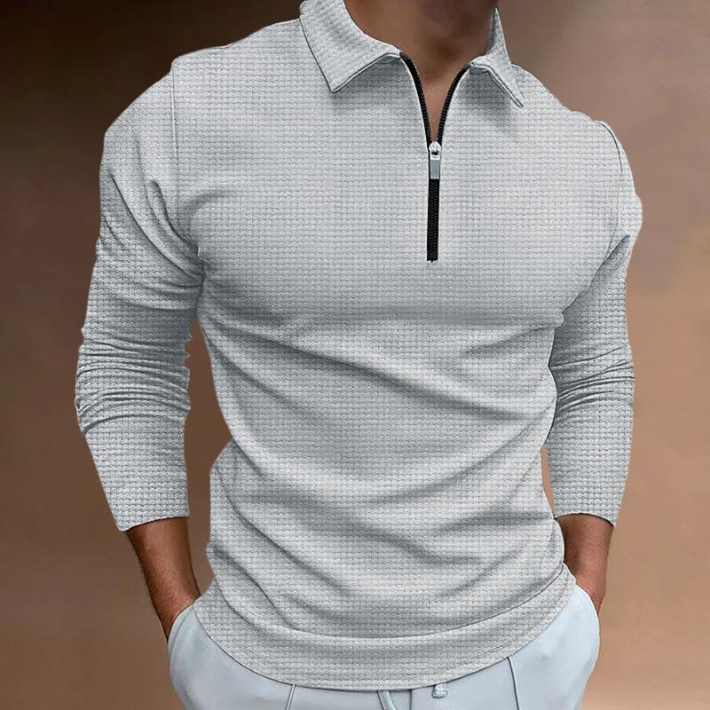 Autumn Waffle Zipper Long Sleeved Polo Shirt Men's T-shirt Top