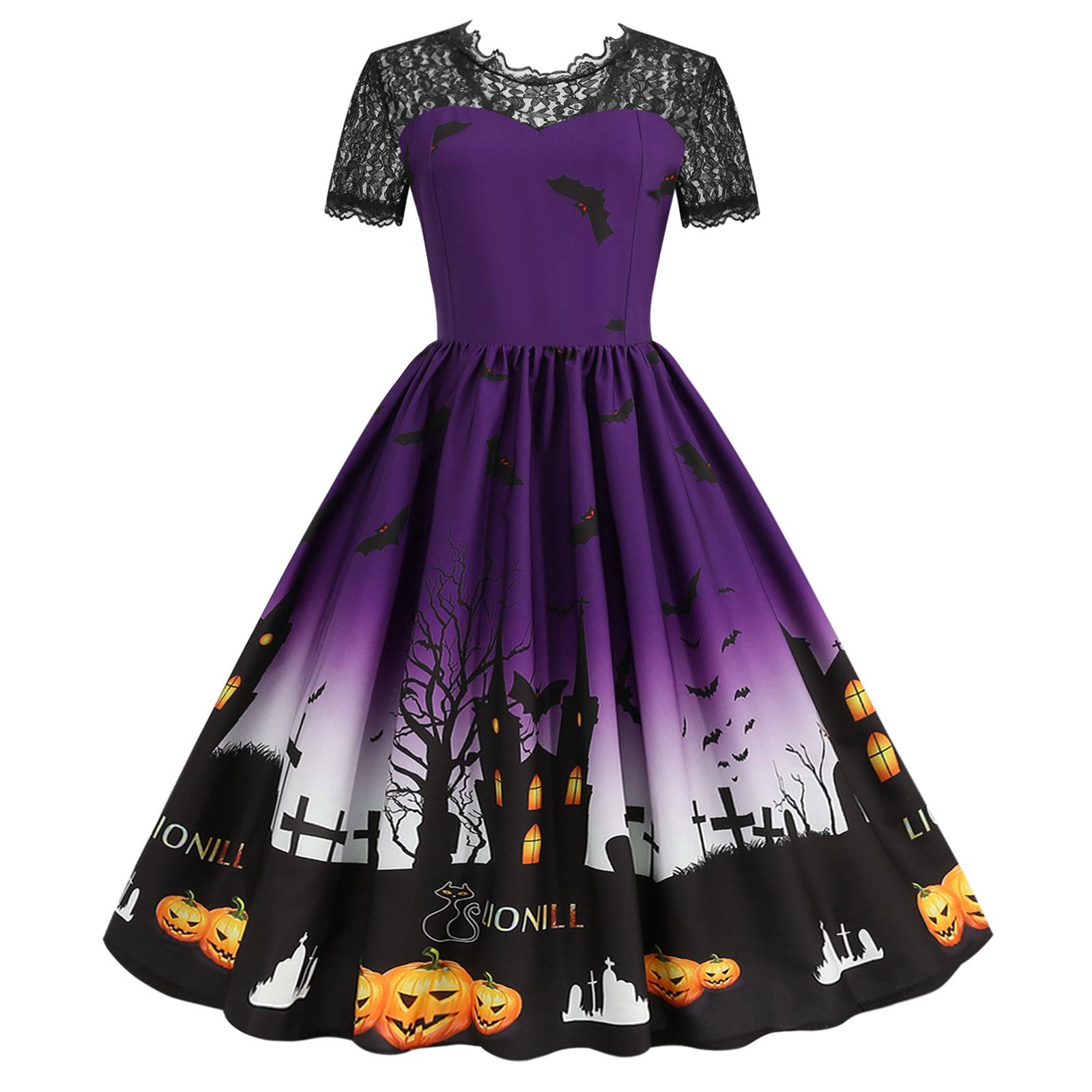

Women s Hepburn-Style Retro Lace Round Neck Short Sleeved Halloween Printed Dress XL фиолетовый
