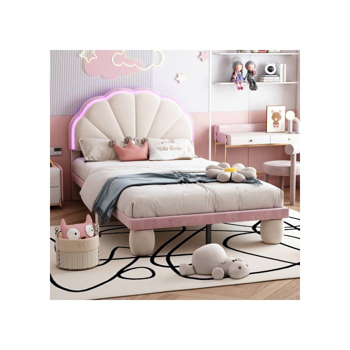 Lit Enfant - MUVOE - 90 X 200 Cm - Beige + Rose - Tête De Lit Lumineuse - Pieds Rembourrés