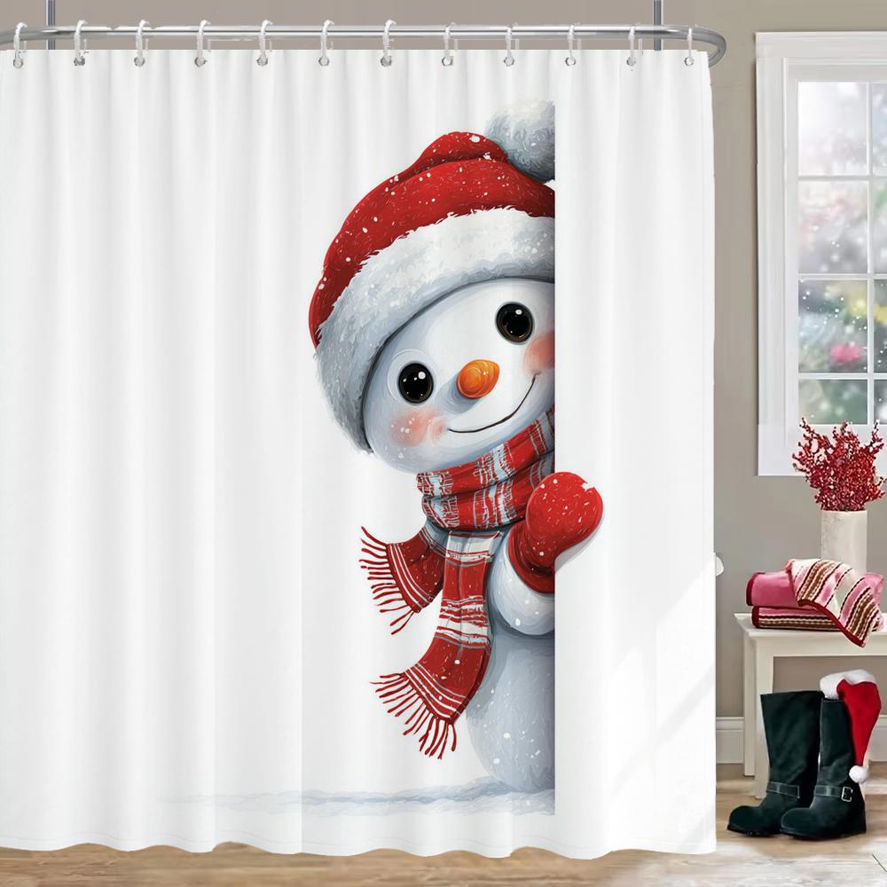New Year Christmas Shower Curtains For Bathroom with Hooks, Cartoon Christmas Snowman Gifts For Xmas Bath Curtain Decor