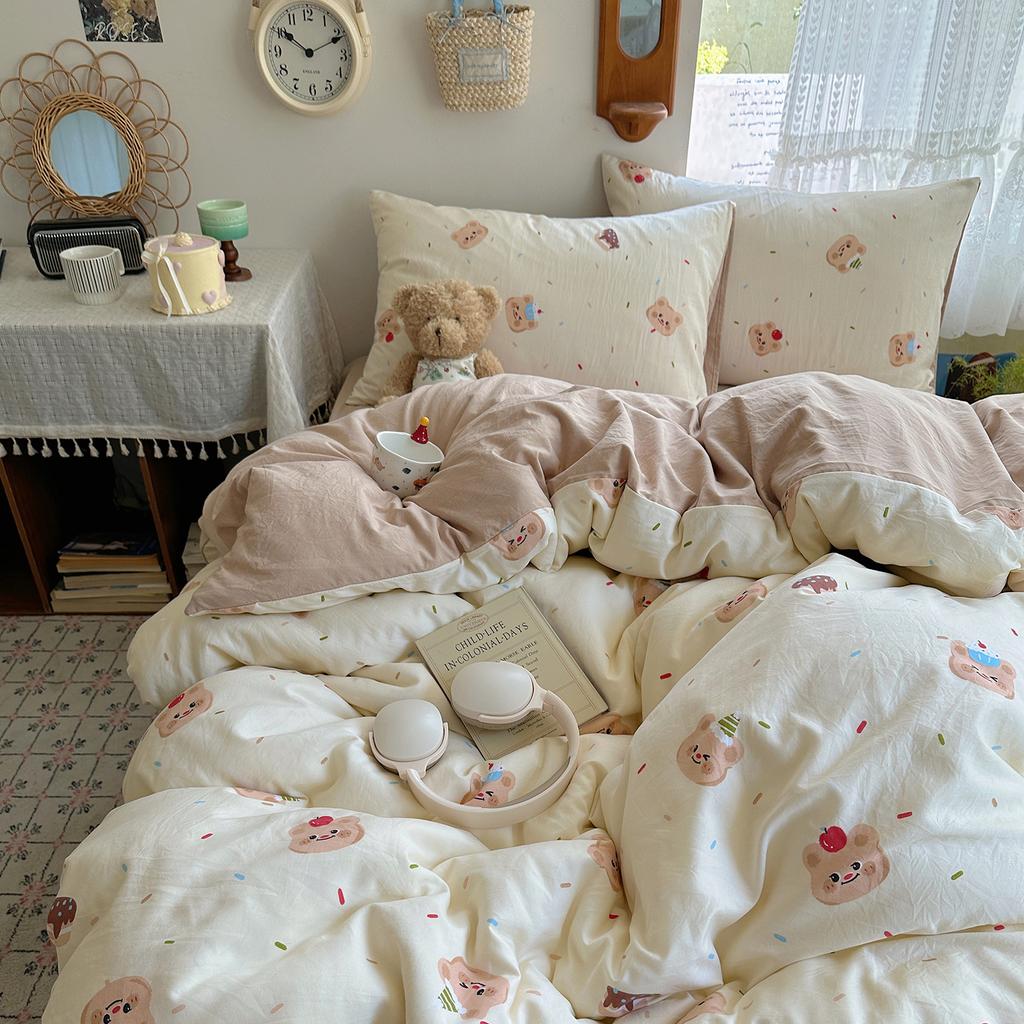 Class A Mother and Baby Grade Pure Washed Cotton Four-piece Set Ins Small Fresh Bed Sheet Quilt Cover Student Dormitory Style Bedding Set