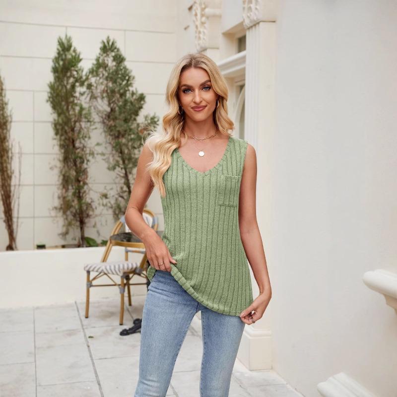 IHUASU Women's Fashion Casual Solid Color Print Sleeveless V Neck Blouses & Shirts