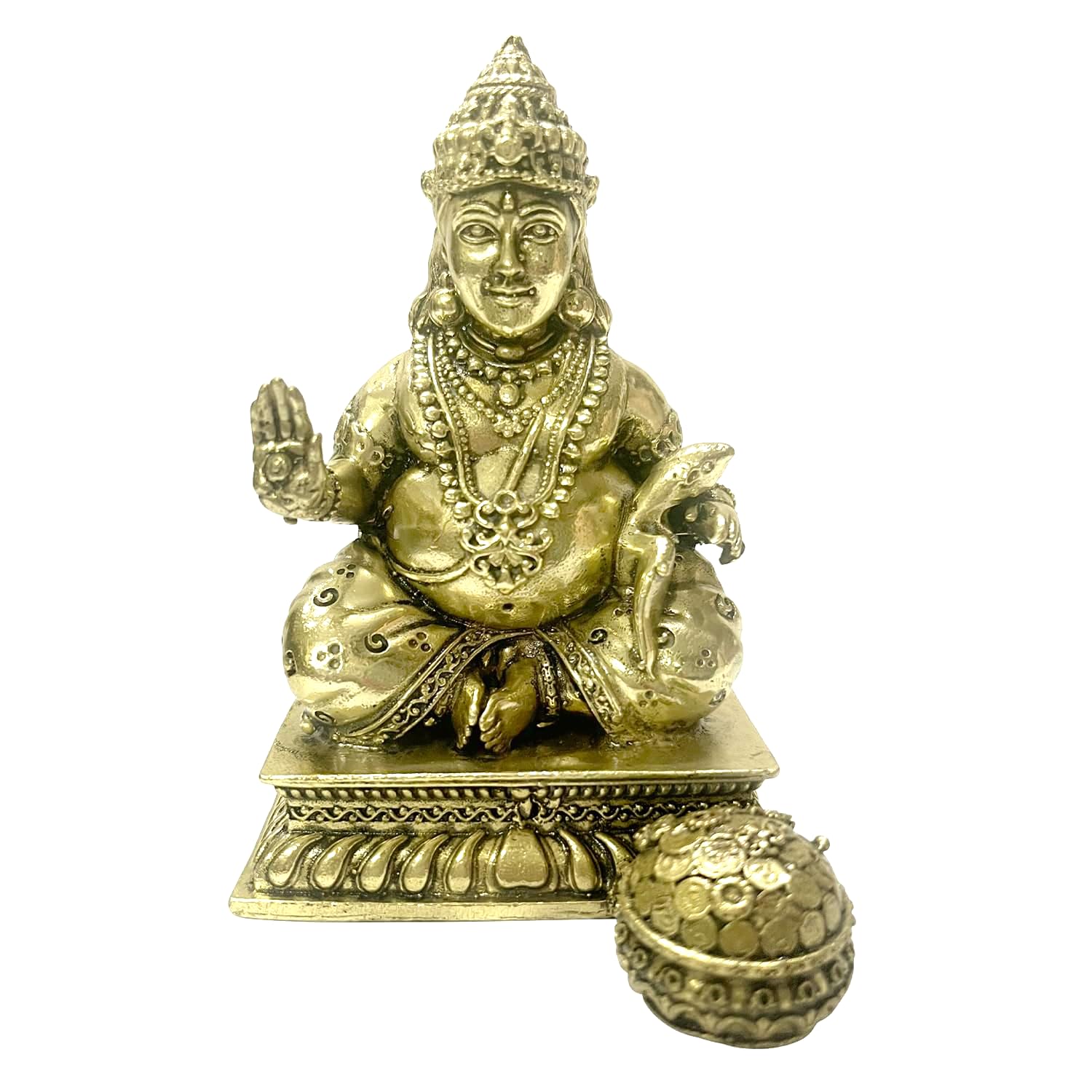 Lord Kubera Idol, Kuber Ji Sitting Statue, Hindu God Of Wealth, Brass - 3 Inch