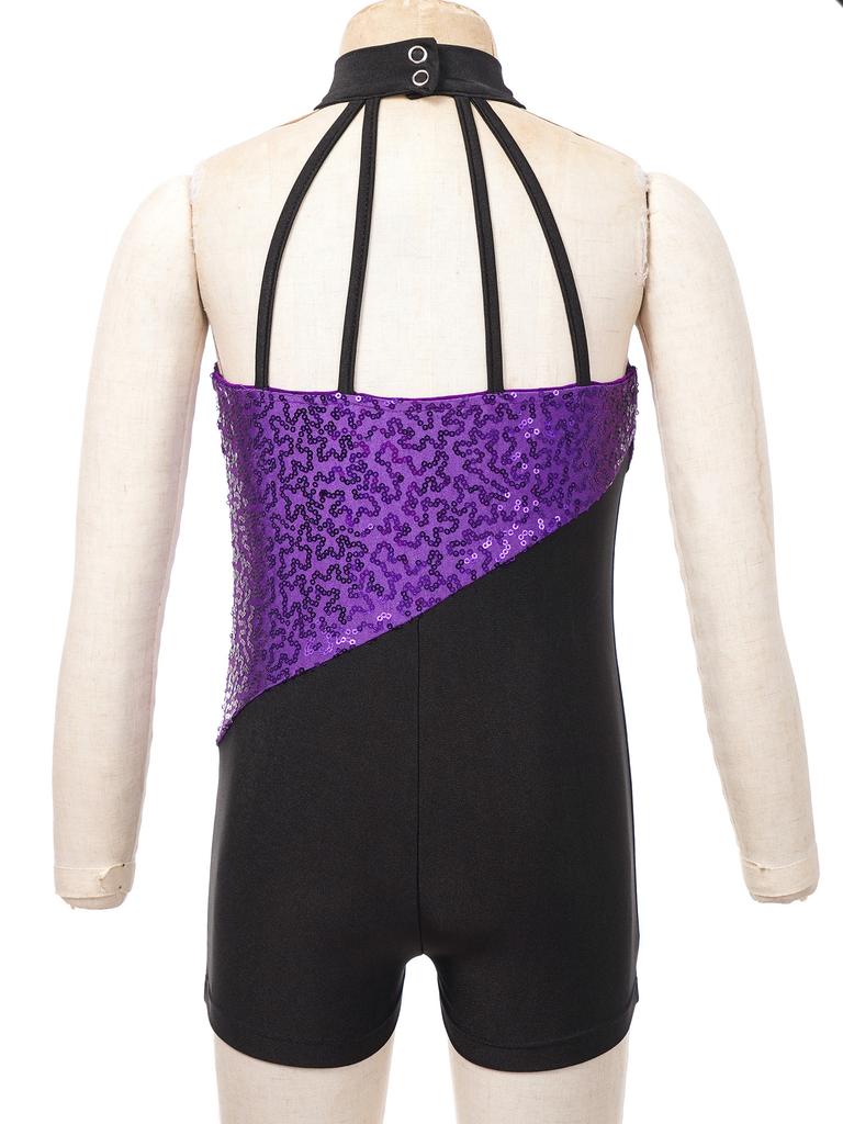 Glitzernder Tanz-Bodysuit für Mädchen, ärmellos, Stehkragen, Riemchenrücken und glitzernde Pailletten für Eiskunstlauf und Gymnastik