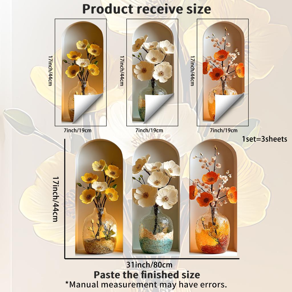 Realistic Three-Color Glass Vase Wall Sticker for Study Living Room Bedroom Dining Room Background Decor