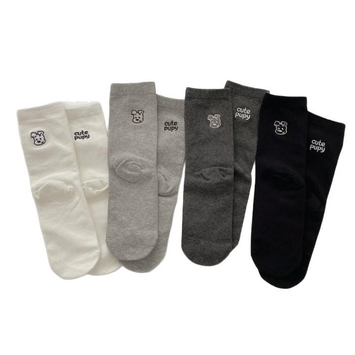 Korean INS-Style Mid-Calf Slouch Socks with Embroidered Cartoon Puppy & AB Letters