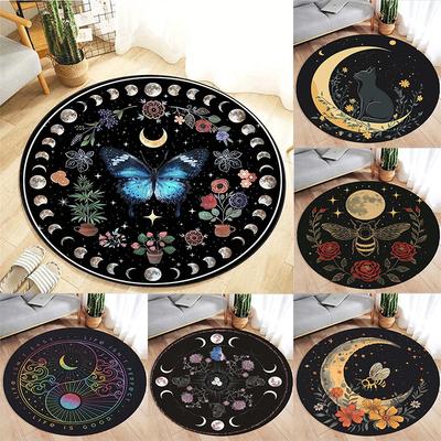 Bohemian Stern Mond Gedruckter Runder Teppich Pflanze Schmetterling Tarot Mondphase Blume Runder Teppich Hexerei Astrologie Runde Matte