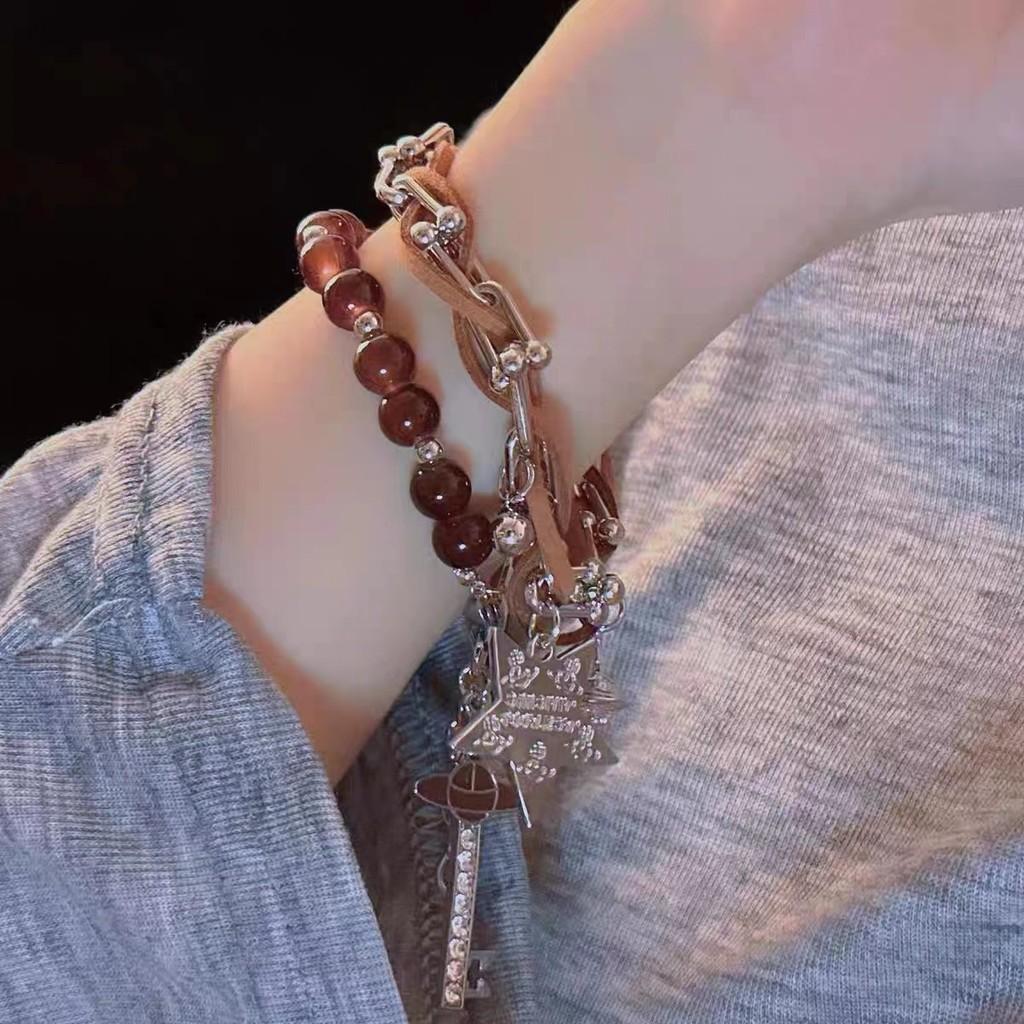 Leather Cool Brown Star Bracelet With Beads Trendy Style Winter 2023