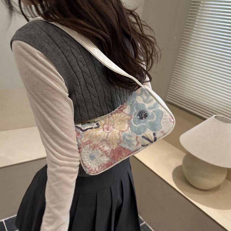 Yogodlns Boho Floral Sequin Shoulder Bag, Women's Vintage Embroidered Hobo Purse Casual Armpit Handbag for Daily Use