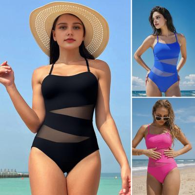 Women Monokini Pure Color Mesh Splicing Slim Fit Sexy One-Piece Swimsuit Figure Flattering Beach Swimwear