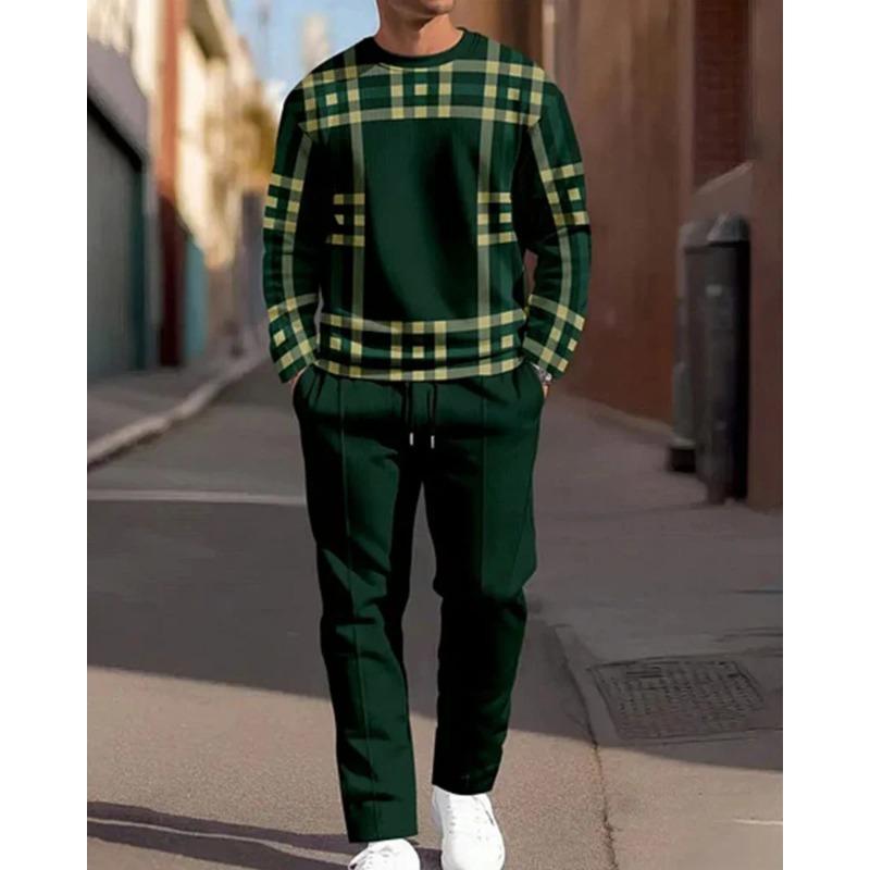 Men's Casual 2-Piece Set Comfortable Long-Sleeved Printing Round Neck Man T-Shirt and Drawstring Sport Two-Piece Sets