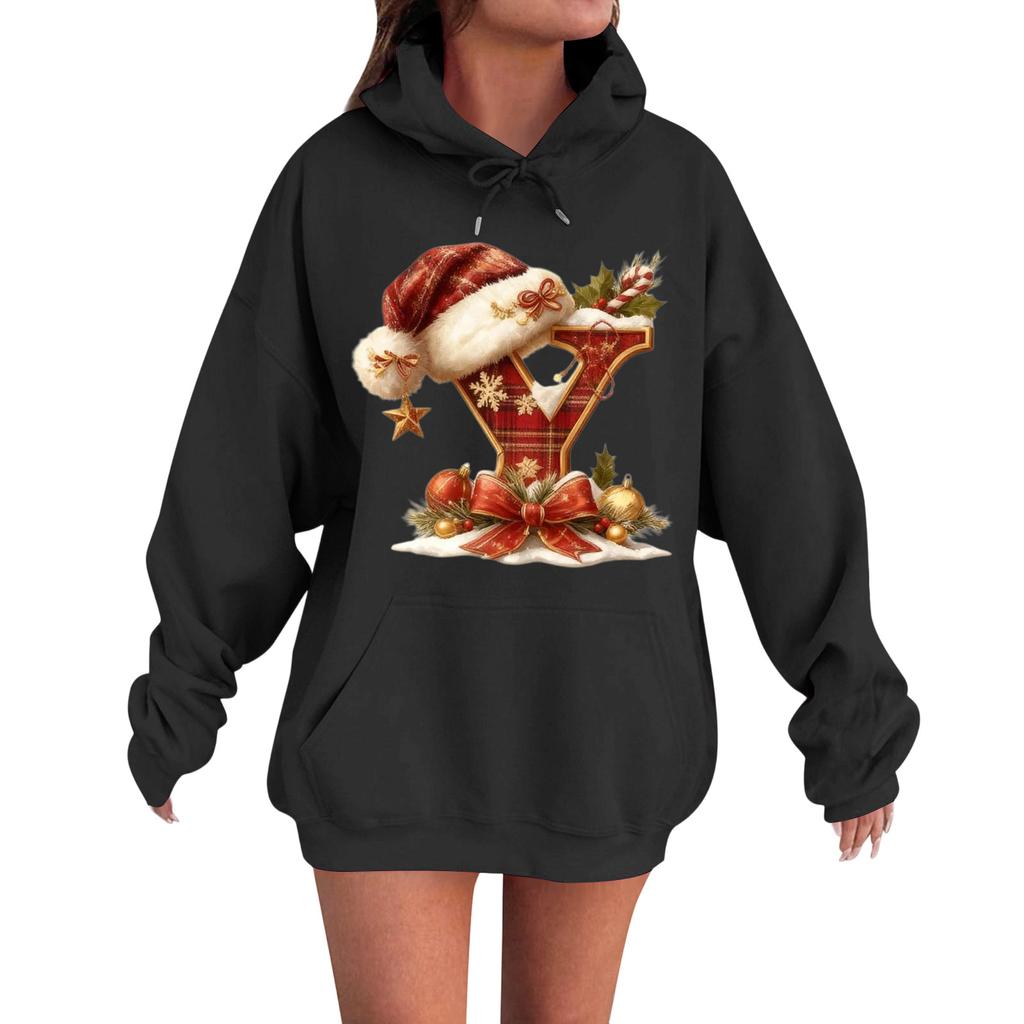 Women's Casual Comfortable Long-Sleeved Christmas Letter-Printed Warm Hooded Crew-Neck Sweatshirt