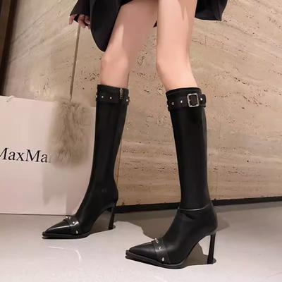 Damen High Top Reißverschluss Gürtelschnalle Hochhackige Einfarbige Damenstiefel 2024 Neue Frühling und Herbst Mode Damenstiefel