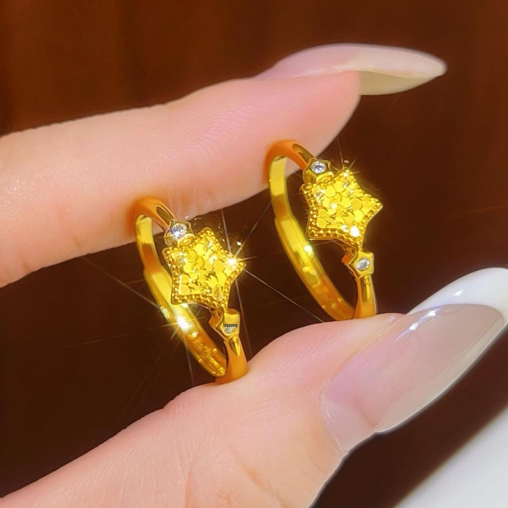 Gold-Plated Sparkly Crushed Ice Star Ring, Adjustable Open Design, Sweet Light Luxury Meilong Jewelry