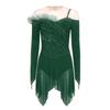 Womens Long Sleeve Bodysuit Dress Rhinestones Sheer Mesh Hem Buttoned Crotch Latin Dance Wear